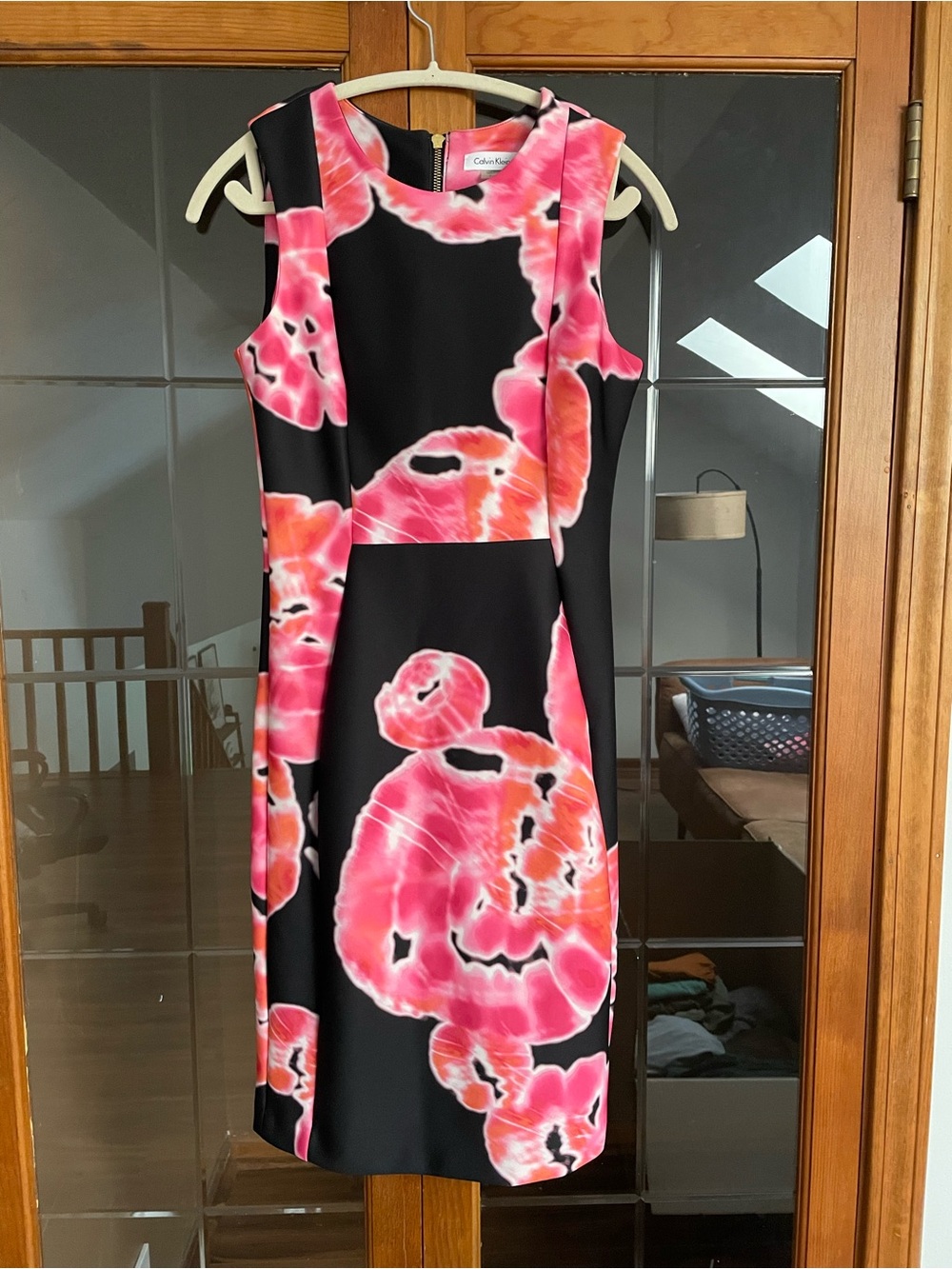Calvin Klein Black Dress with Vibrant Pink-Orange Floral Print